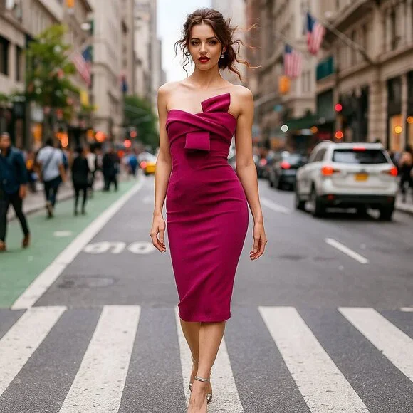 Super Sexy PINK Midi BIG BOW Coquette Stretchy Cocktail Bodycon Dress Size 4 - Picture 1 of 9